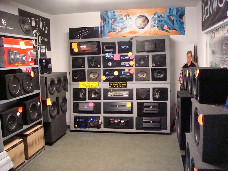 Showroom wall of car speakers, amplifiers and head units at T & K Soundwerks in Crest Hill, Illinois