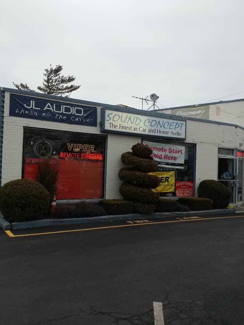 Storefront with JL Audio banner and Viper remote start signs at Sound Concept Nanuet in Nanuet, New York