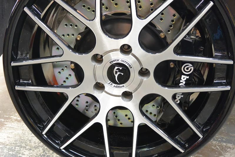 Black wheel with Brembo brake caliper at Exotic Customs in West Chester, Pennsylvania