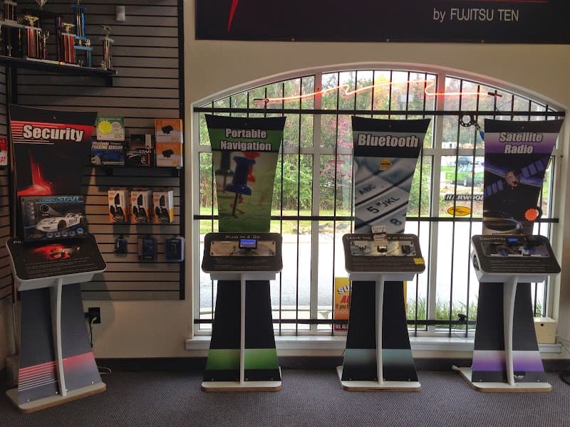 Four display kiosks promoting navigation, Bluetooth and satellite radio at Audio Sensations in Pottstown, Pennsylvania