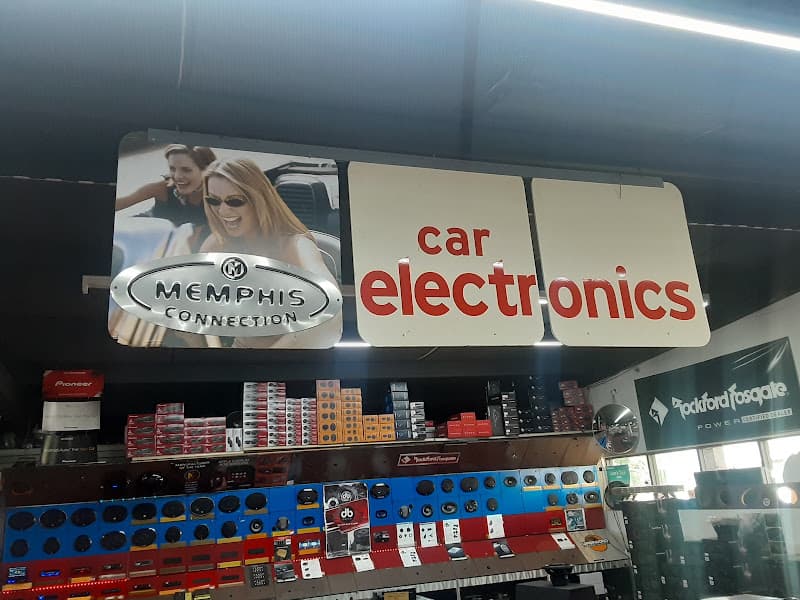 Car Electronics sign over shelves of speakers and car audio gear at Jay's Audio in Lake Charles, Louisiana