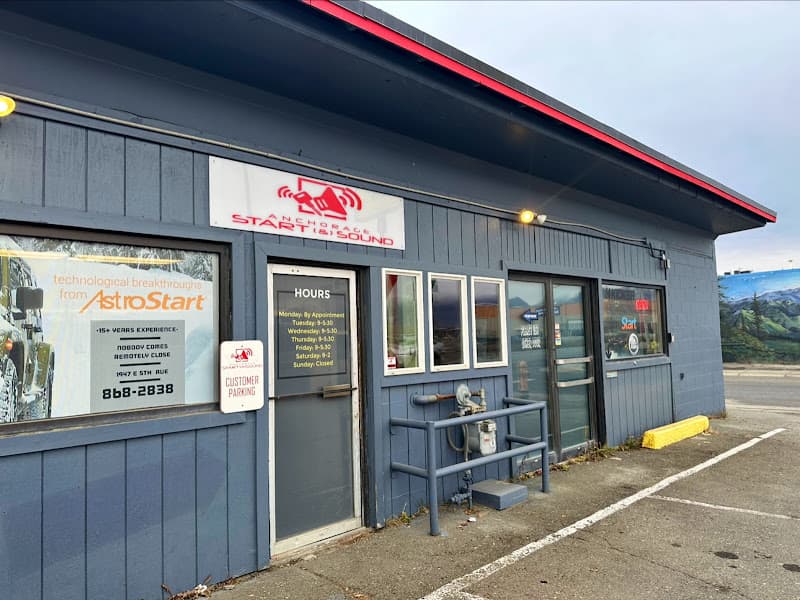 Dark blue storefront with red roof trim and hours sign on door at Anchorage Remote Start and Sound in Anchorage, Alaska