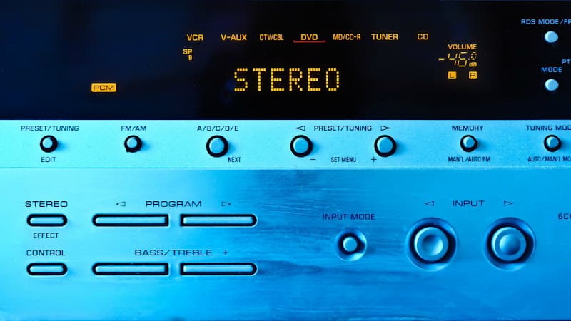 Stereo receiver front panel with glowing STEREO display at Archila A Auto Sound in Los Angeles, California