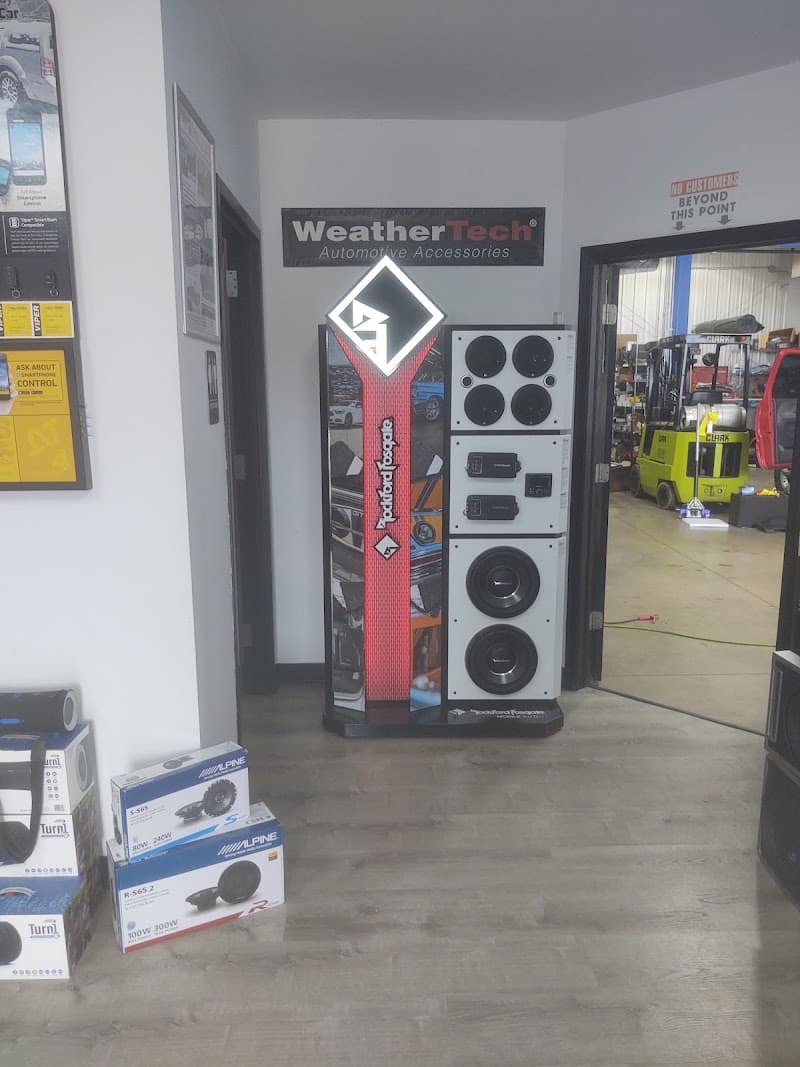 Showroom display tower with Rockford Fosgate speakers at Endless Possibilities Auto in Aurora, Illinois
