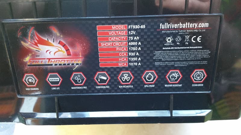 Full Throttle battery label showing 12V and 75Ah ratings at Unique Audio in Springfield, Oregon