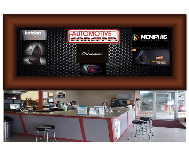 Logo collage for Katzkin, Pioneer and Memphis above shop counter at Automotive Concepts in Morgan City, Louisiana