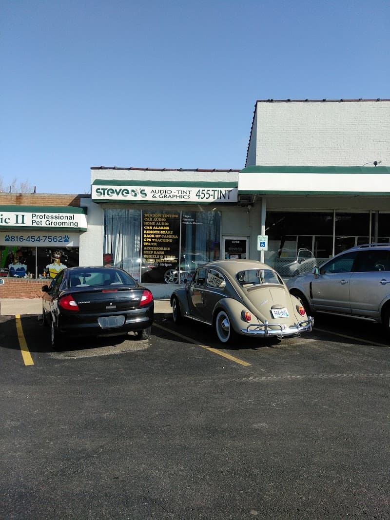 Storefront with green-trimmed sign and beige classic car outside at Steveo's Audio and Tint in Kansas City, Missouri