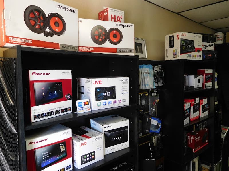 Shelves of boxed car stereos and Terminator speakers at Automotive Audio in Norman, Oklahoma