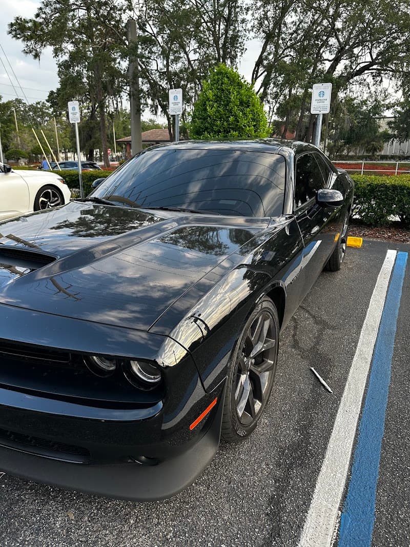 Black coupe parked in a marked space at Window Tinting Optimize Tint LLC in Tampa, Florida