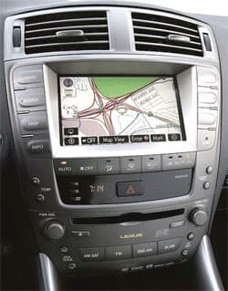 Lexus dashboard with a navigation screen showing a map at C & H Car Stereo in Orange, California