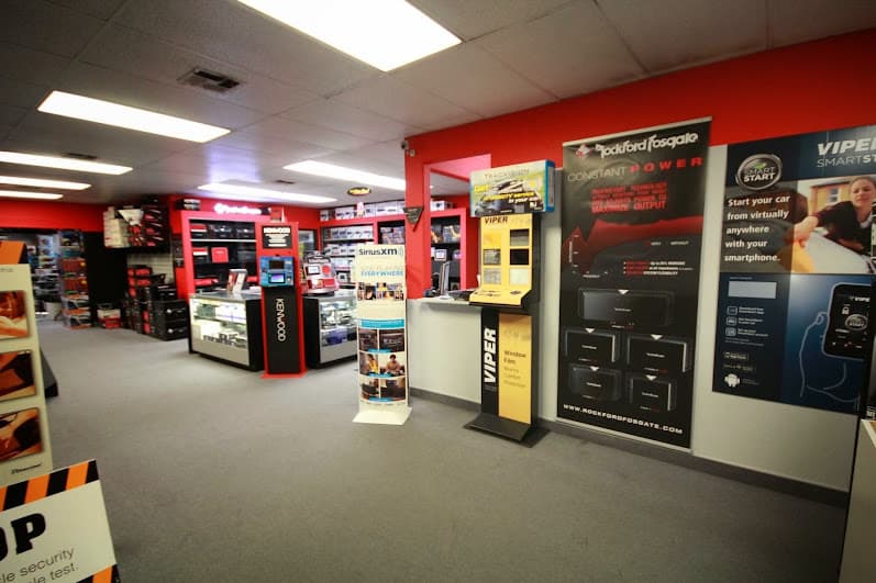 Retail showroom with Rockford Fosgate display and Viper kiosk at Sound Scape in Downey, California