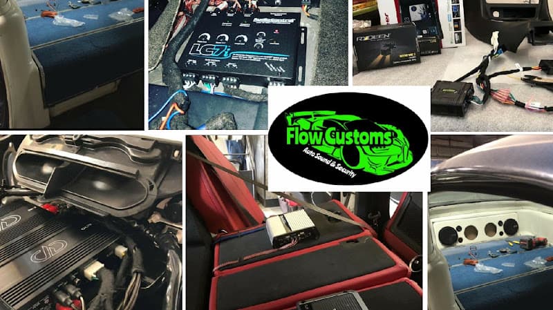 Collage of car audio installs around a green and black logo sign at Flow Customs in Tampa, Florida