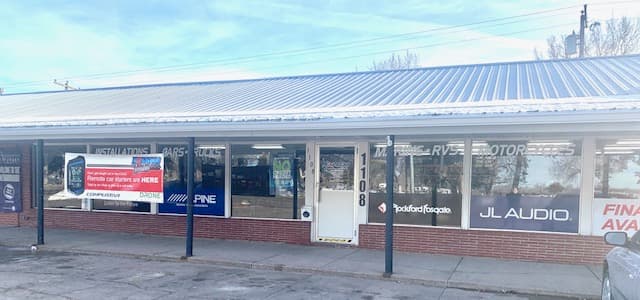 Storefront with JL Audio and Rockford Fosgate window signs at Express AVL in North Platte, Nebraska