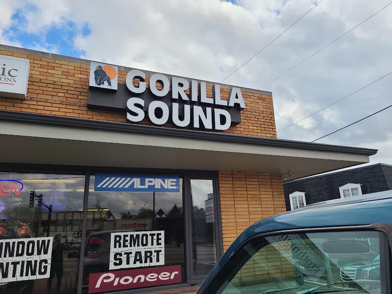 Brick storefront with Alpine and Pioneer window decals at Gorilla Sound in Aurora, Illinois