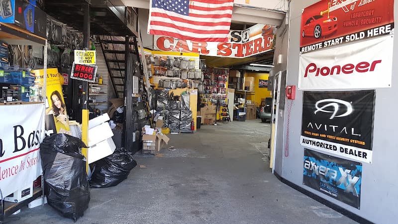 Shop aisle with Pioneer and Avital dealer banners at US1 Car Stereo in Philadelphia, Pennsylvania