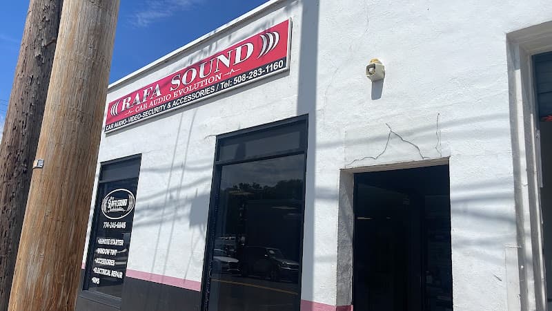 White storefront with red sign above entrance at Rafa Sound in Framingham, Massachusetts