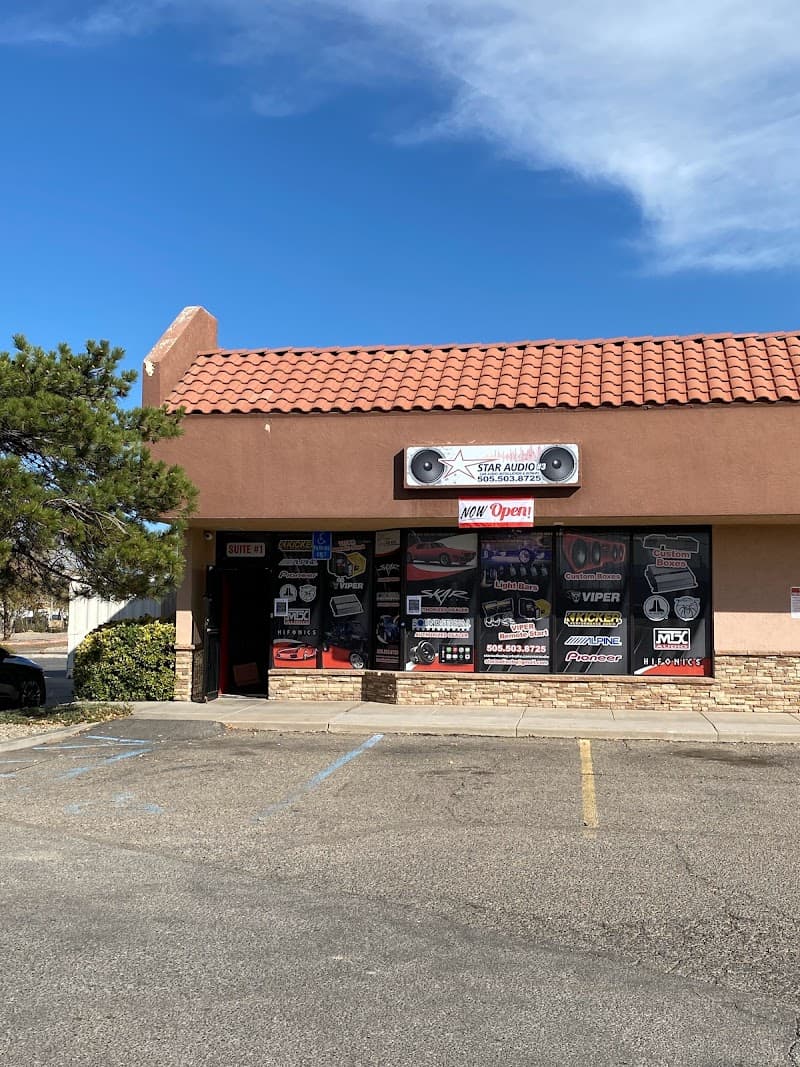 Tile-roof storefront with Viper, Kicker and Alpine window decals at Star Audio #3 in Albuquerque, New Mexico